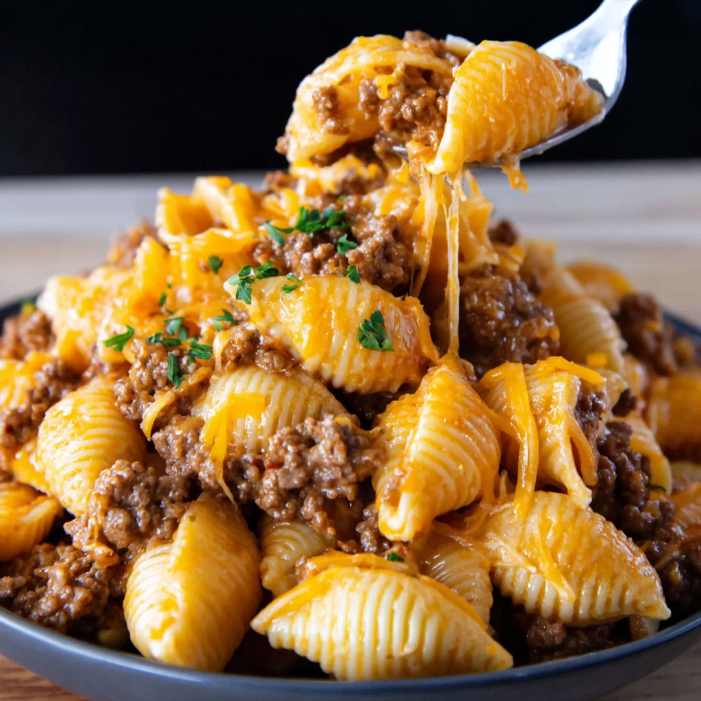 A bowl of macaroni and cheese with meat in it.