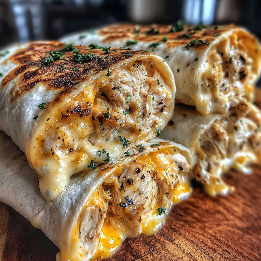 A cheesy garlic chicken wrap.