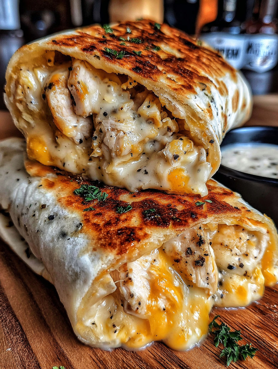 A burrito with chicken and cheese.