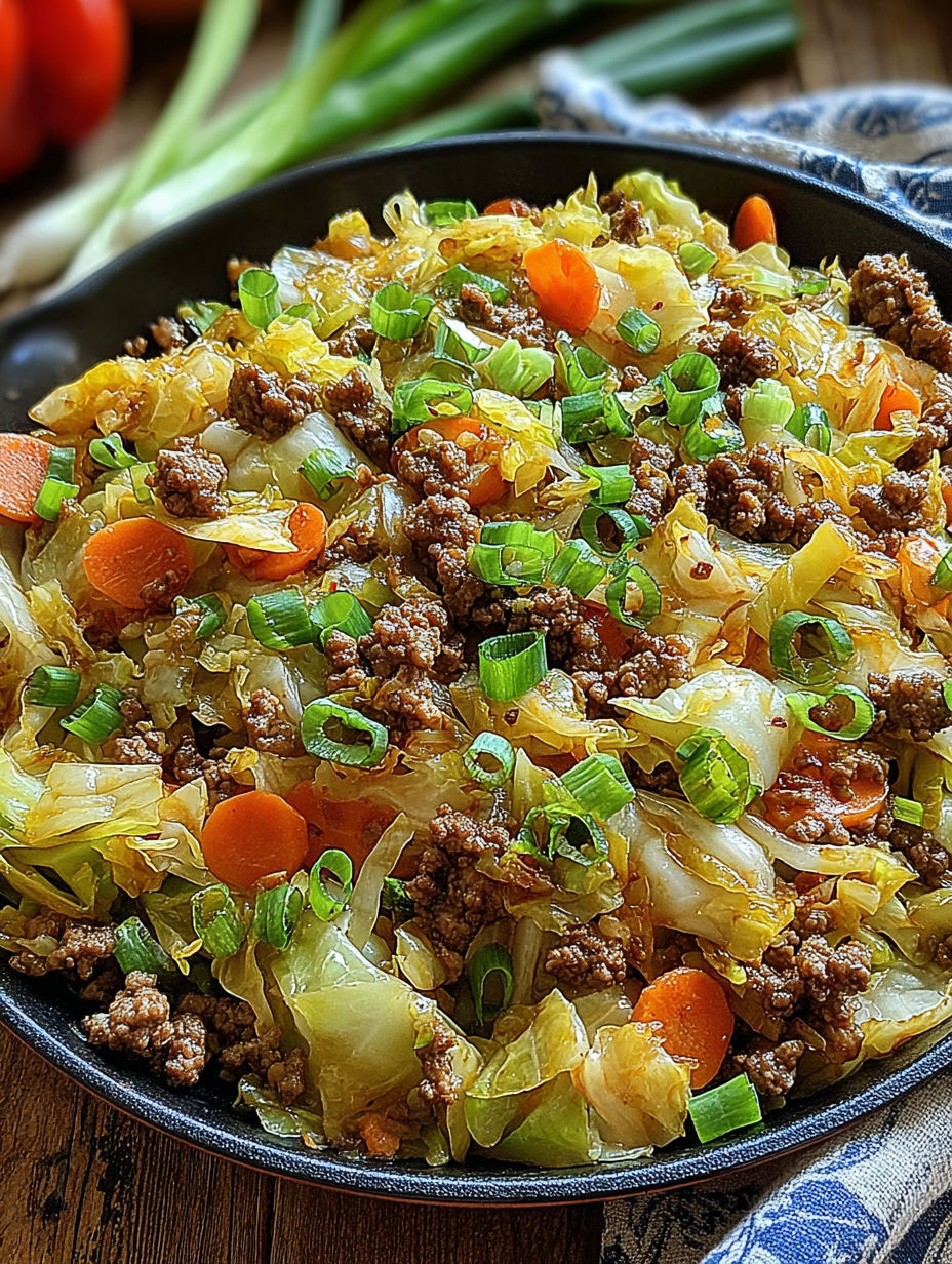 A stir fry with beef, cabbage, and carrots.