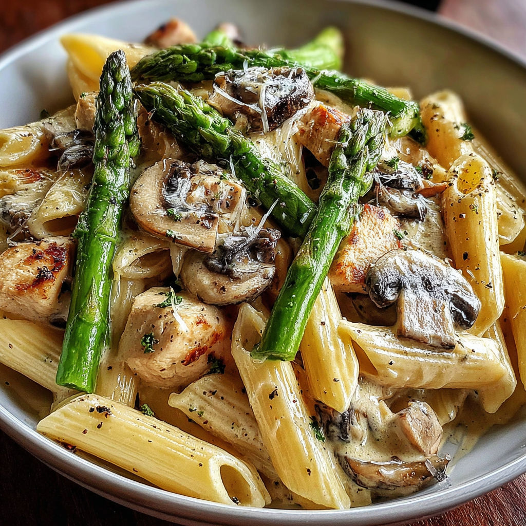 A bowl of creamy mushroom asparagus chicken penne.