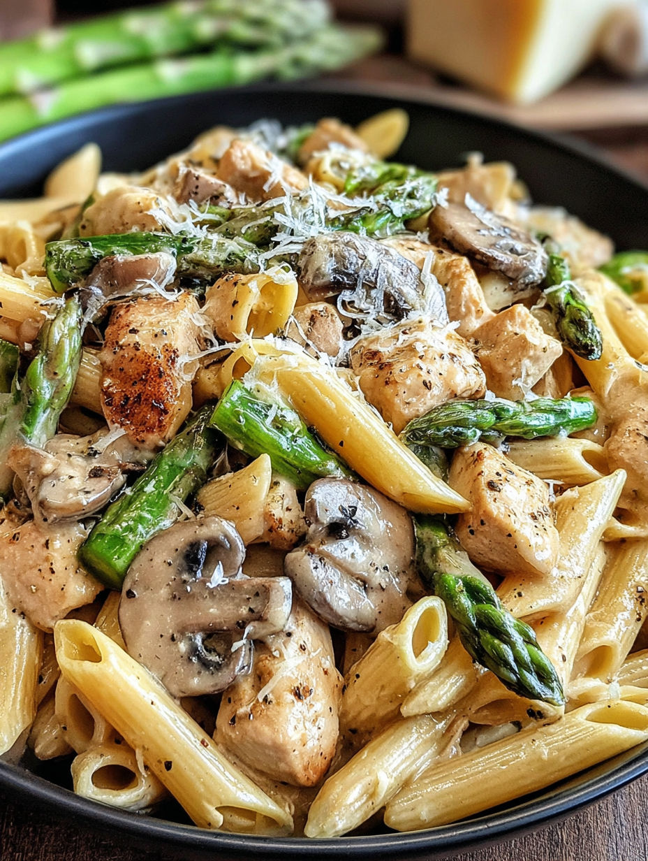A bowl of pasta with chicken, mushrooms, and asparagus.