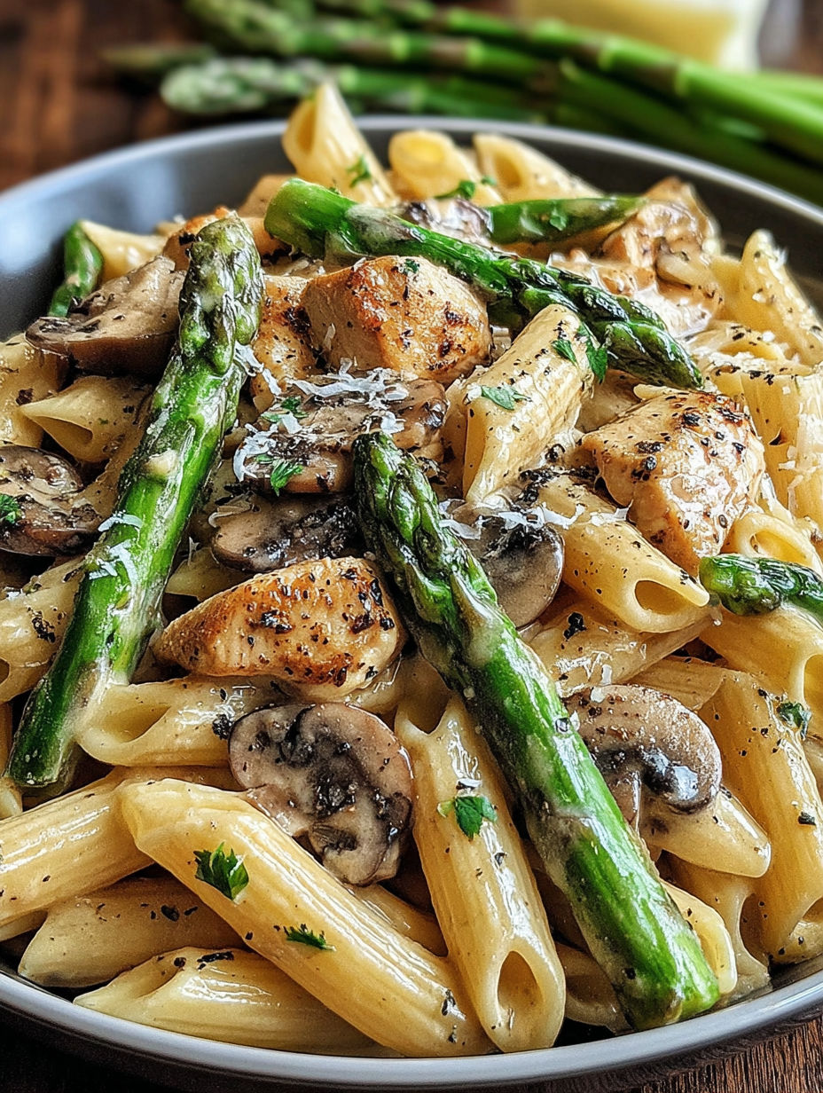 A plate of pasta with mushrooms and asparagus.