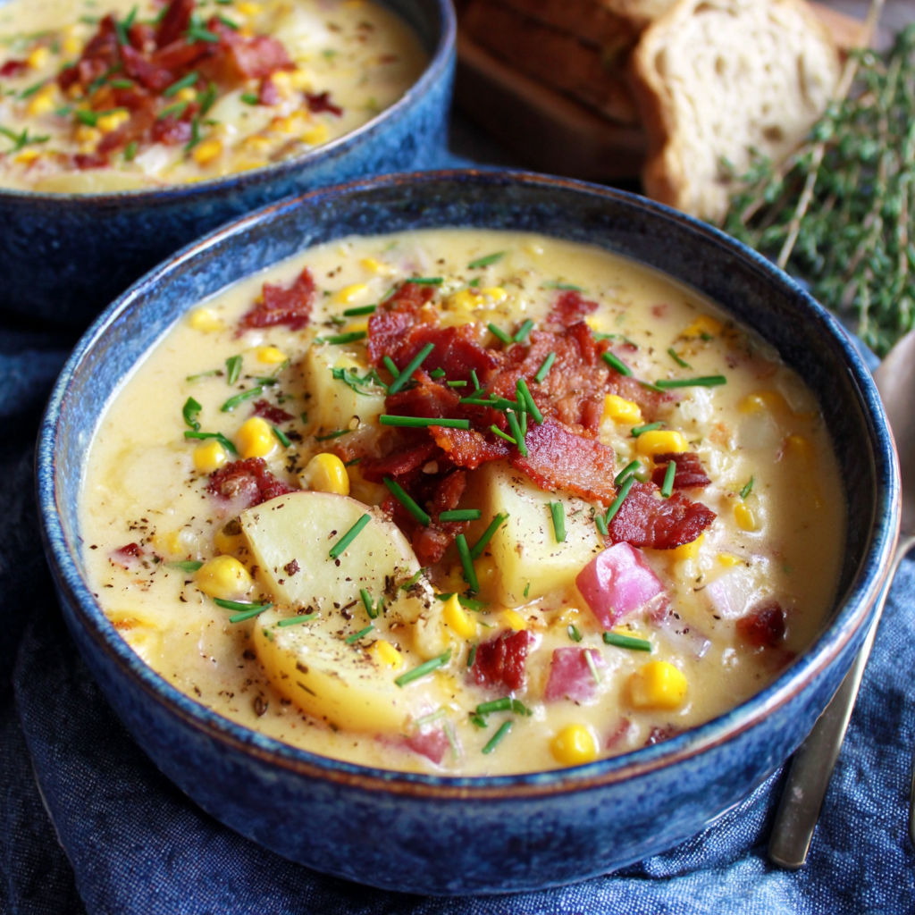 Two bowls of creamy corn chowder with bacon.