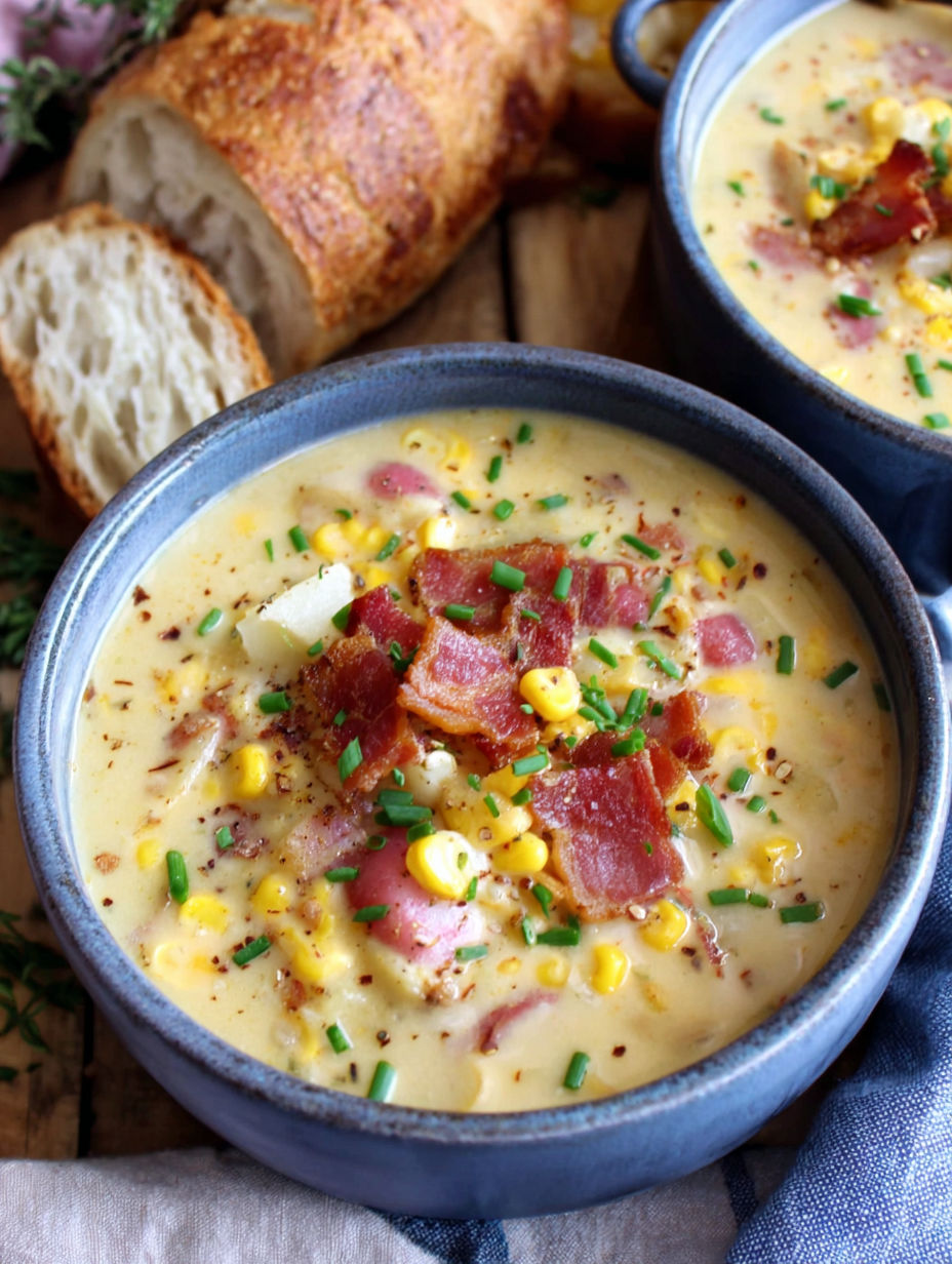 A bowl of creamy corn chowder with bacon.