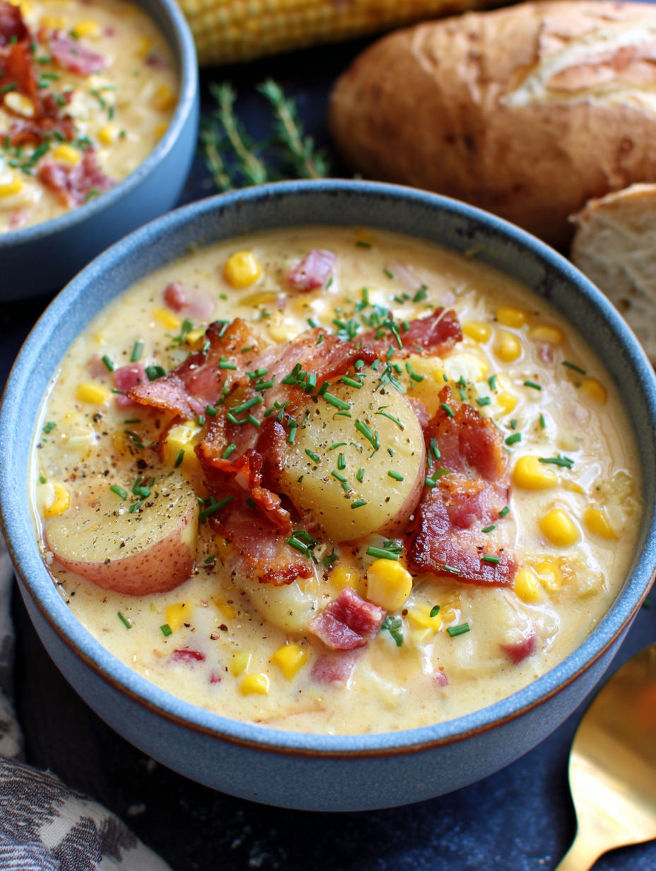 A bowl of creamy corn chowder with bacon.