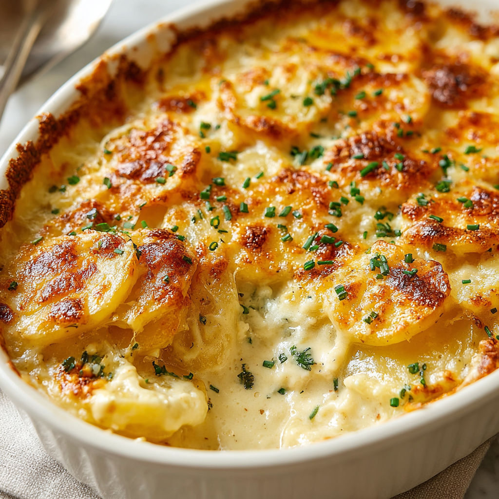 A white bowl filled with garlic Parmesan scalloped potatoes.