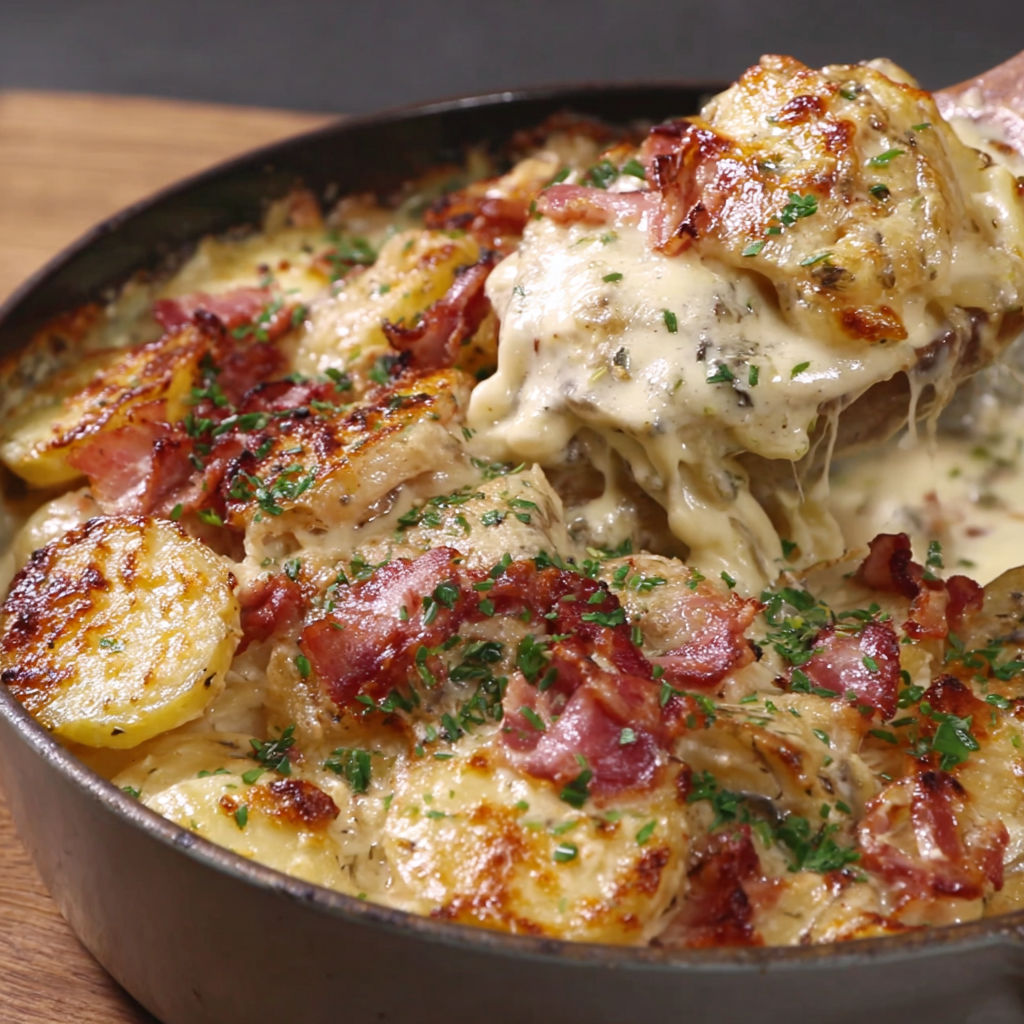 A close up of a delicious cheesy au gratin potatoes dish.