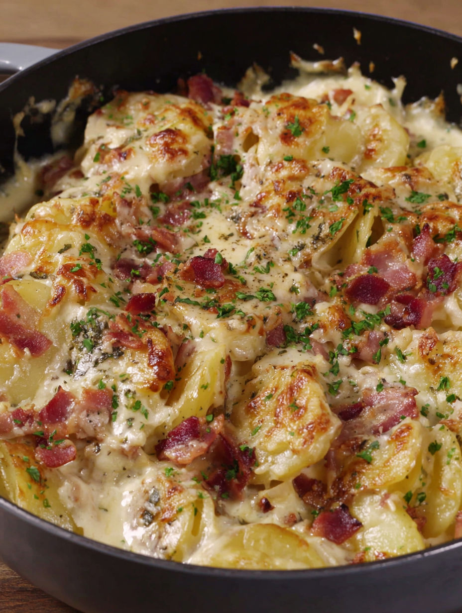 A dish of cheesy au gratin potatoes.