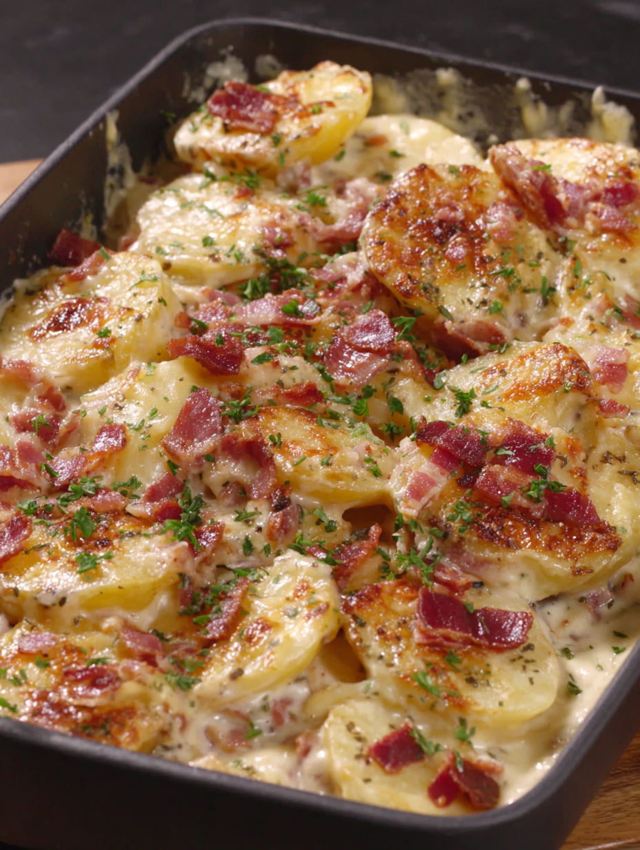 A dish of cheesy au gratin potatoes.