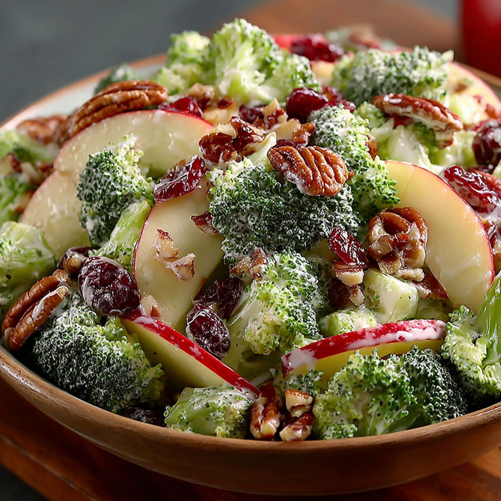 A bowl of salad with broccoli, apples, and walnuts.