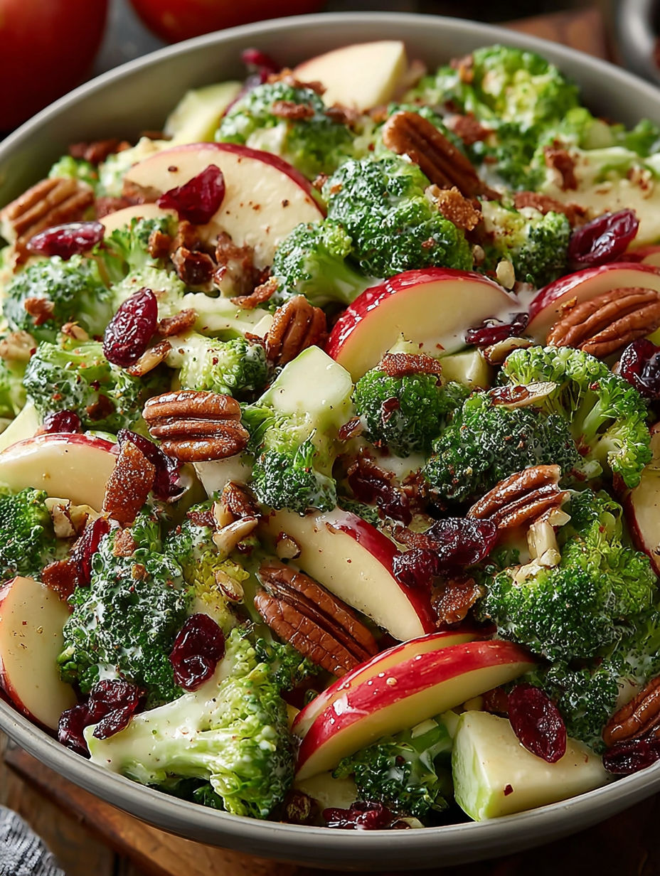A salad made with broccoli and honeycrisp apples.