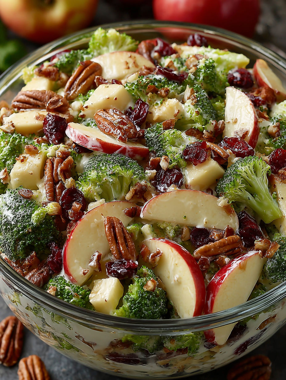 A bowl of Honeycrisp apples and broccoli.