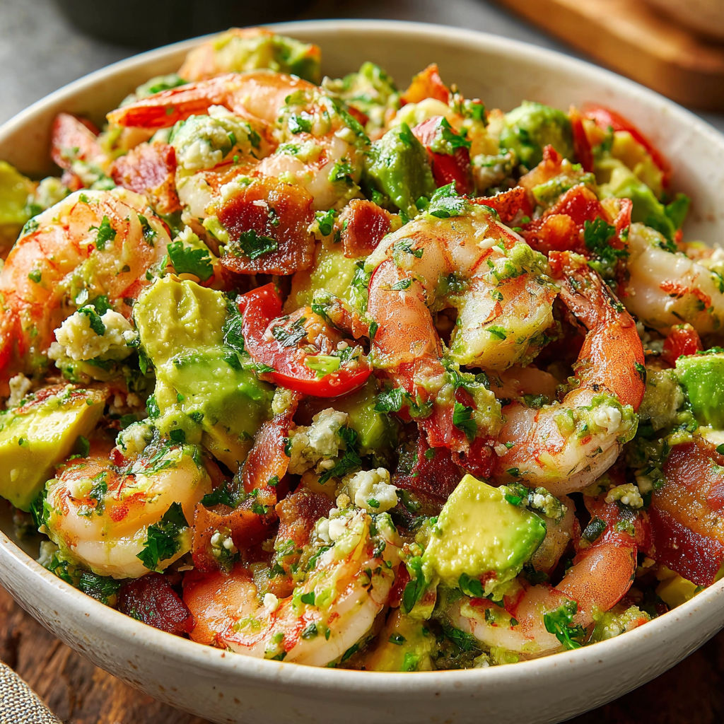A bowl of shrimp salad with avocado and bacon.