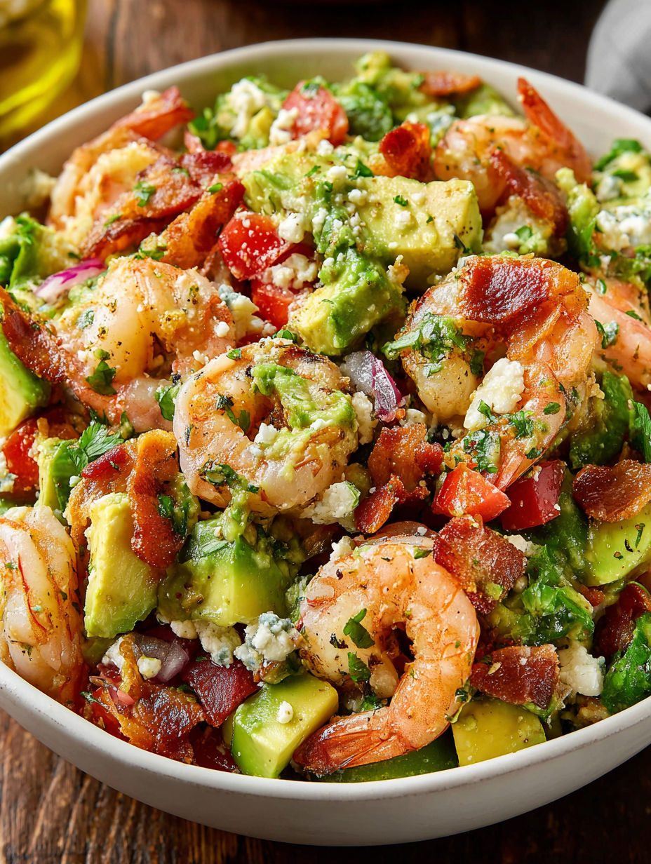 A bowl of shrimp salad with avocado and bacon.