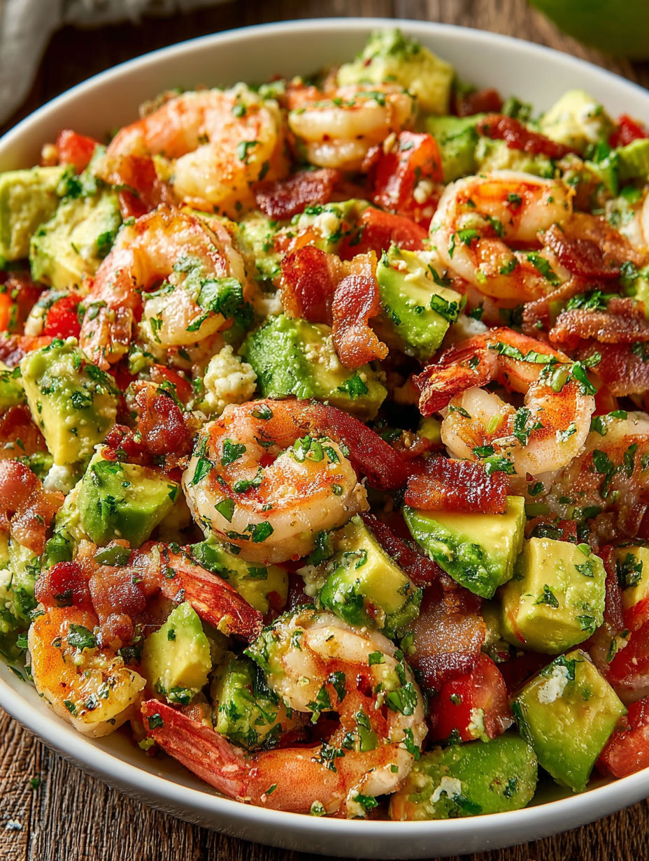 A bowl of shrimp salad with avocado and bacon.