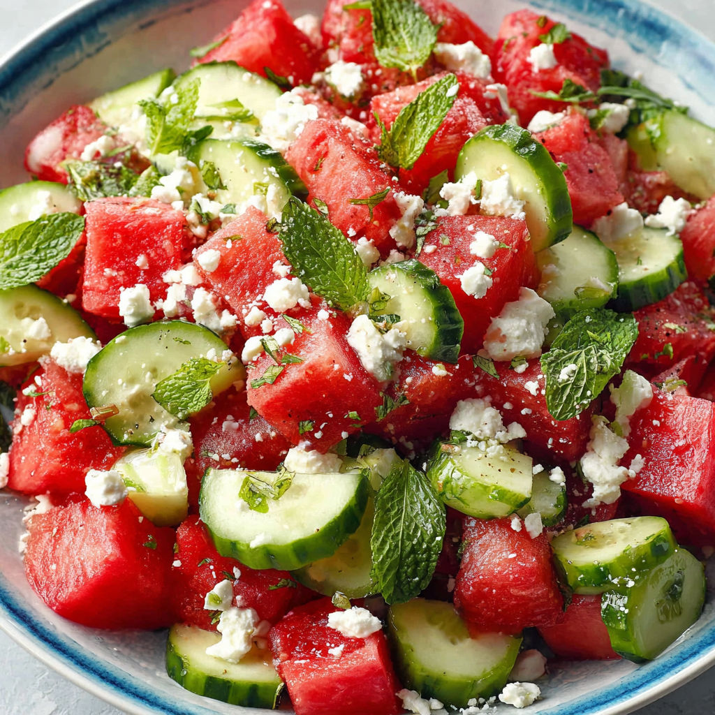 A bowl of watermelon, cucumber, and mint salad.