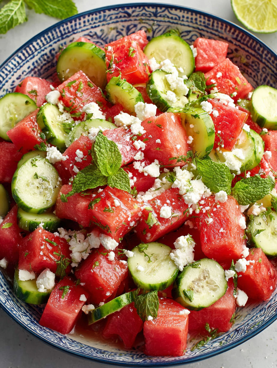 A bowl of watermelon, cucumber, and feta cheese.