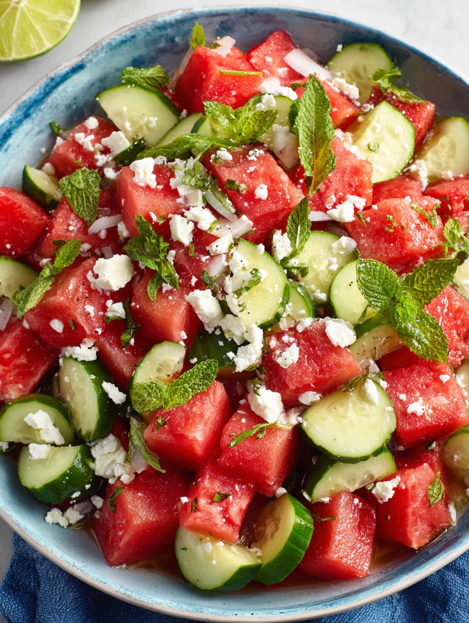 A bowl of watermelon, cucumber, and mint salad.