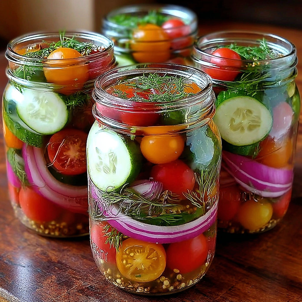 Three jars of pickled cherry tomatoes, onions, and cucumbers.