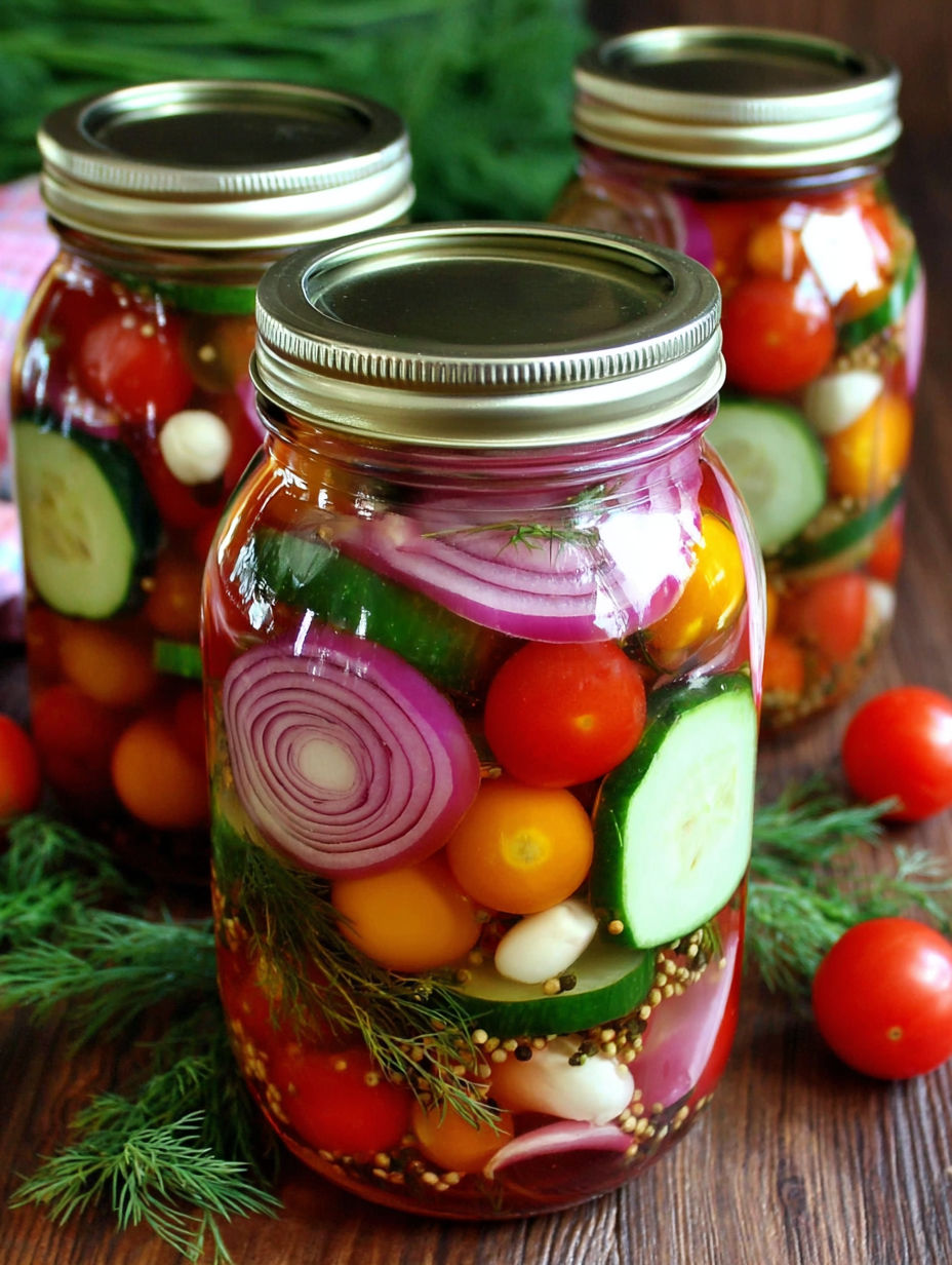 A jar of pickles and vegetables.