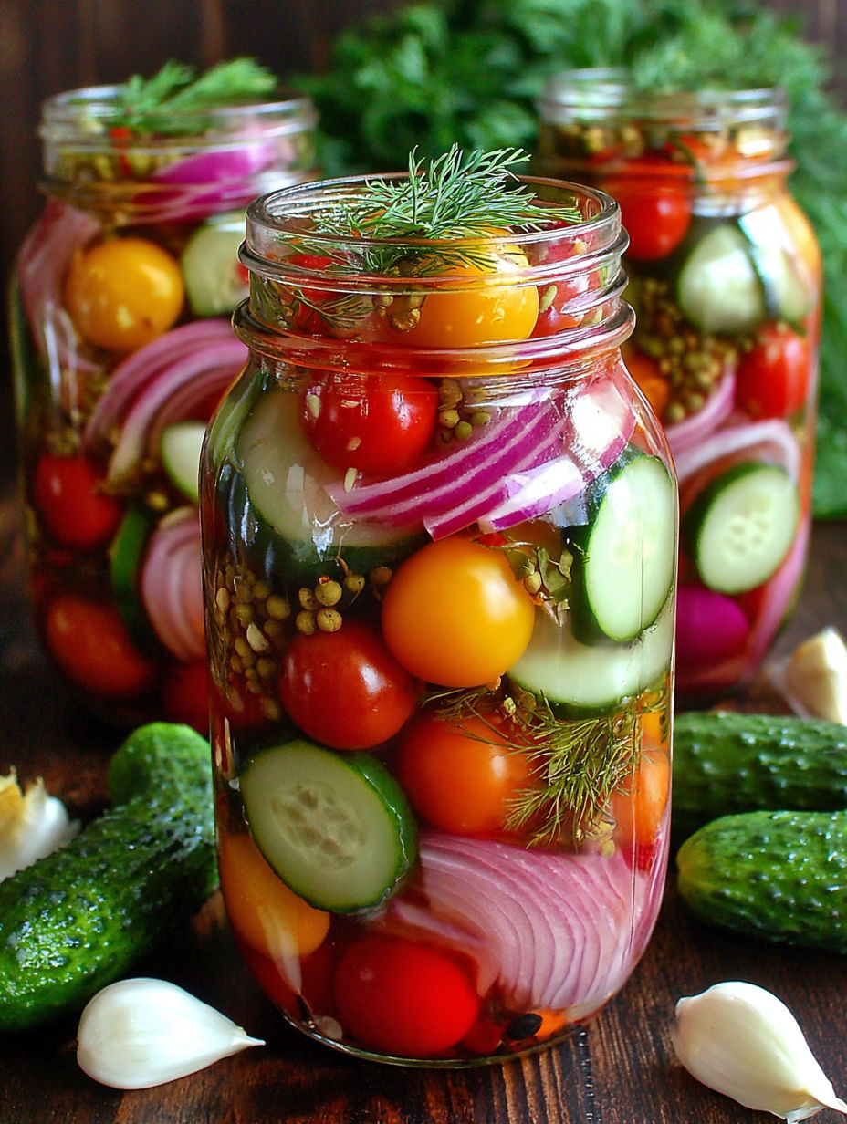 A jar of pickles with a cucumber on top.