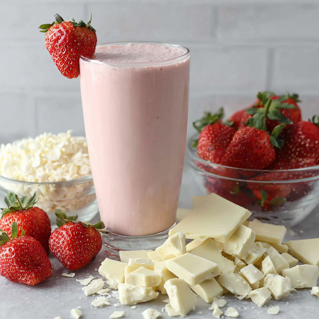 A glass of white chocolate smoothie with strawberries on top.