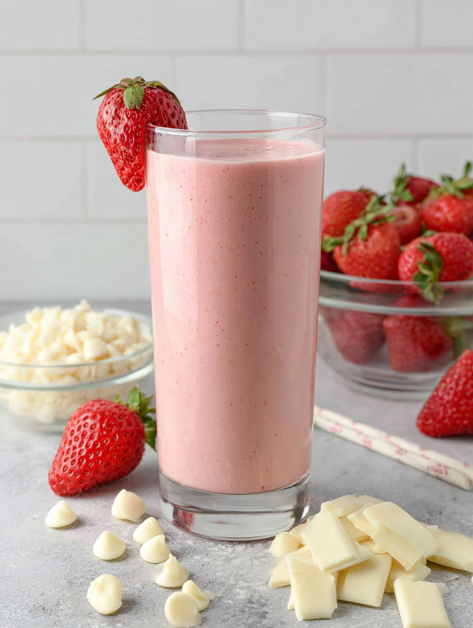 A glass of pink smoothie with a strawberry on top.