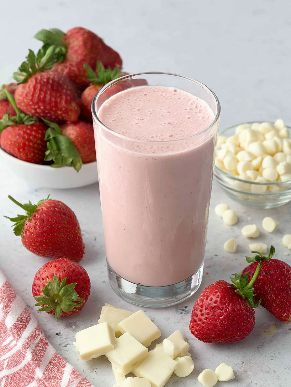 A glass of pink milk with strawberries and whipped cream.