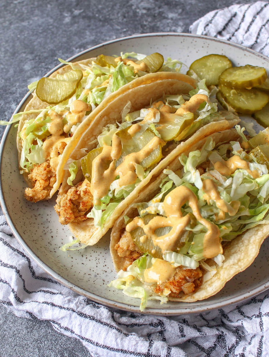 Two tacos with lettuce and sauce on a plate.