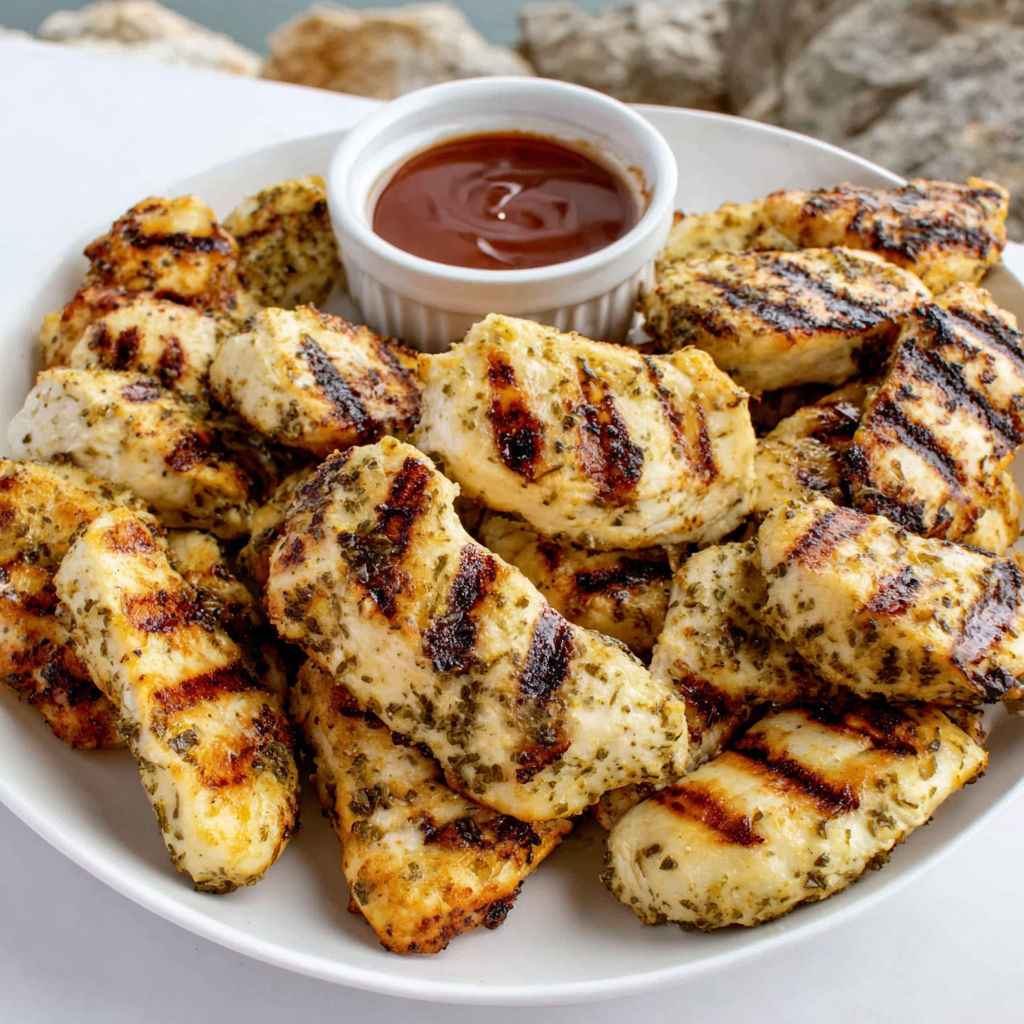 A plate of grilled chicken nuggets with a dipping sauce.