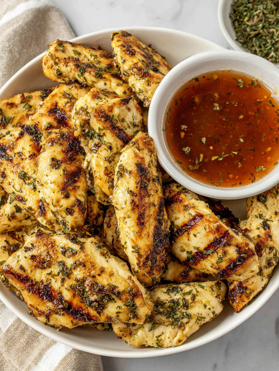 A bowl of chicken with a sauce.