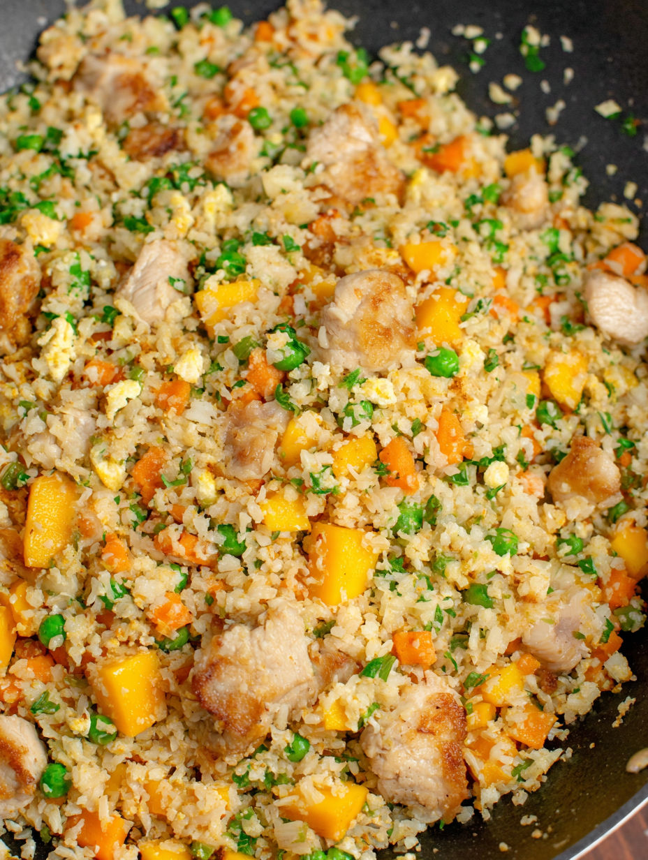 A dish of mango chicken fried rice.
