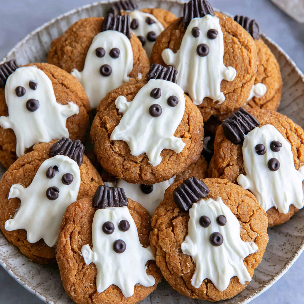 A plate of brown butter pumpkin cookies with white frosting and chocolate chips.