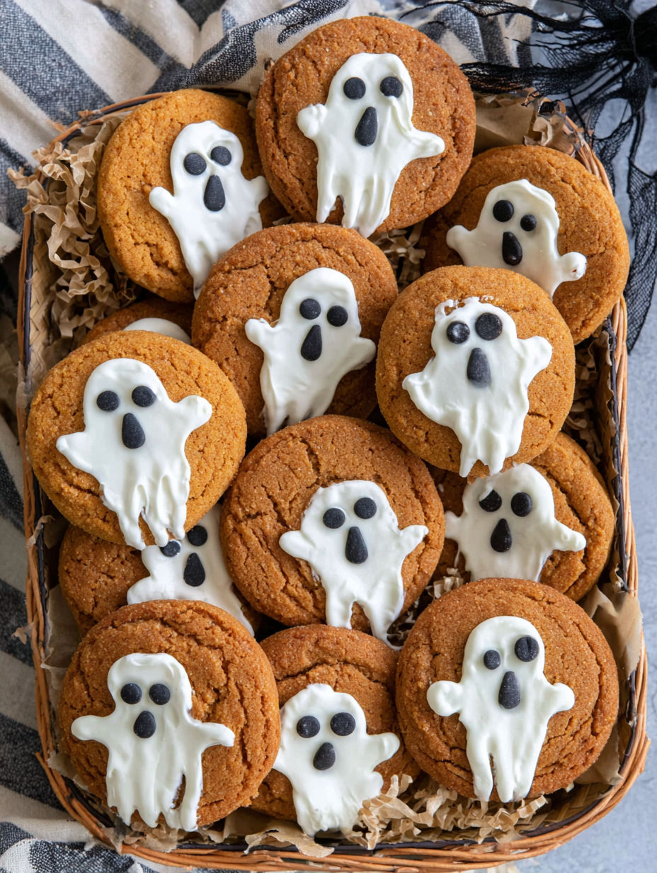 A basket of cookies with ghost decorations.