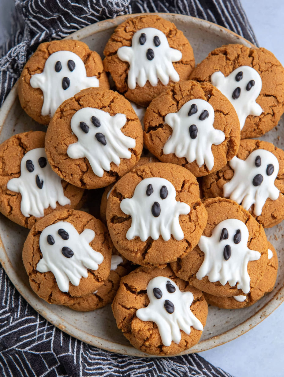 A plate of cookies with white icing and black icing, shaped like ghosts.