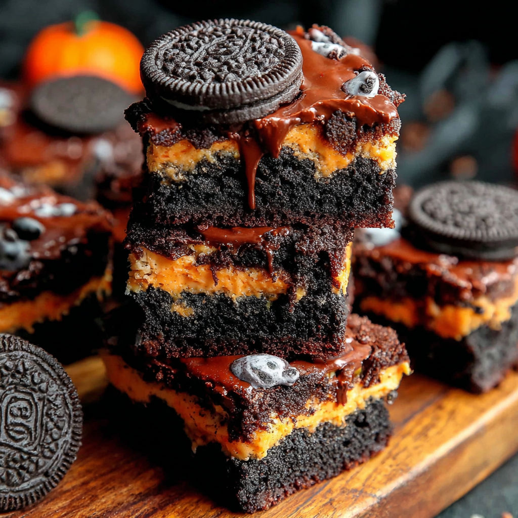 A stack of brownies with Oreo cookies on top.
