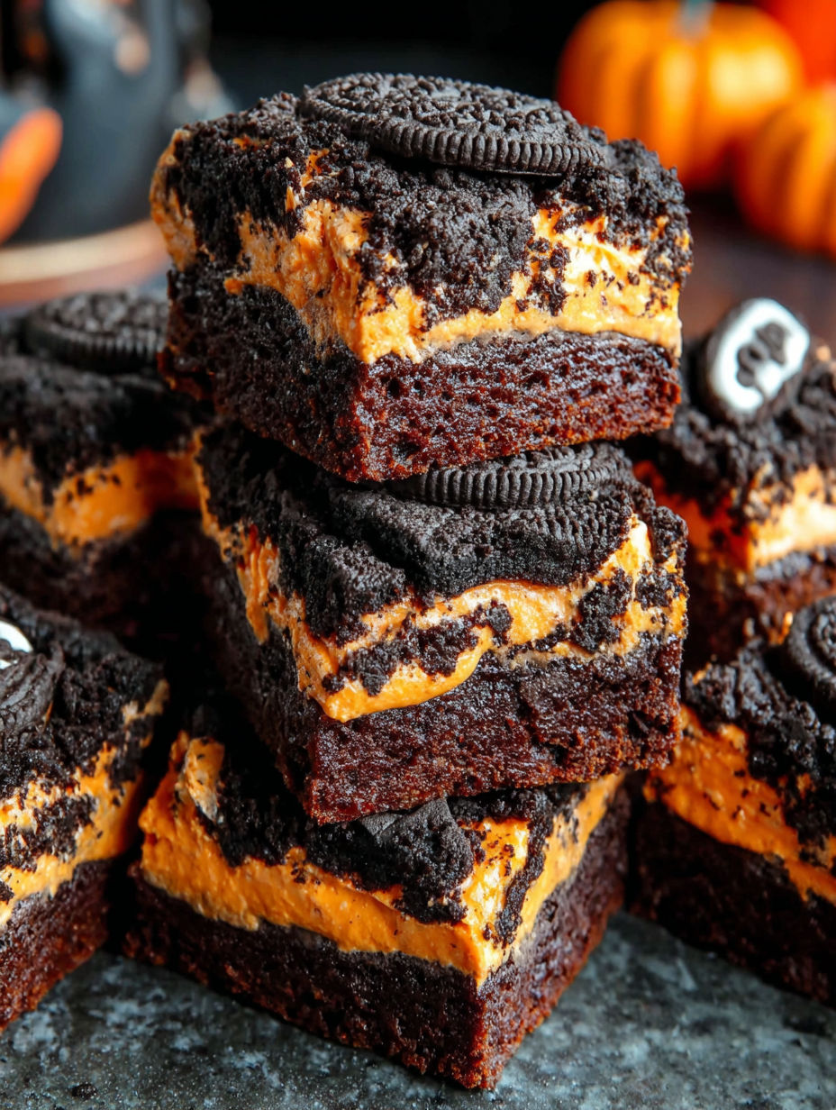 A stack of brownies with Oreo cookies on top.