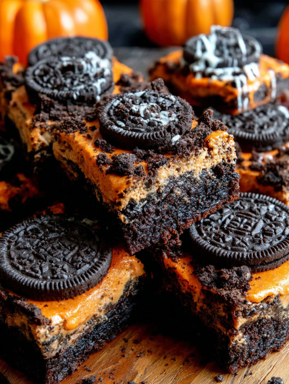 A stack of brownies with Oreo cookies on top.