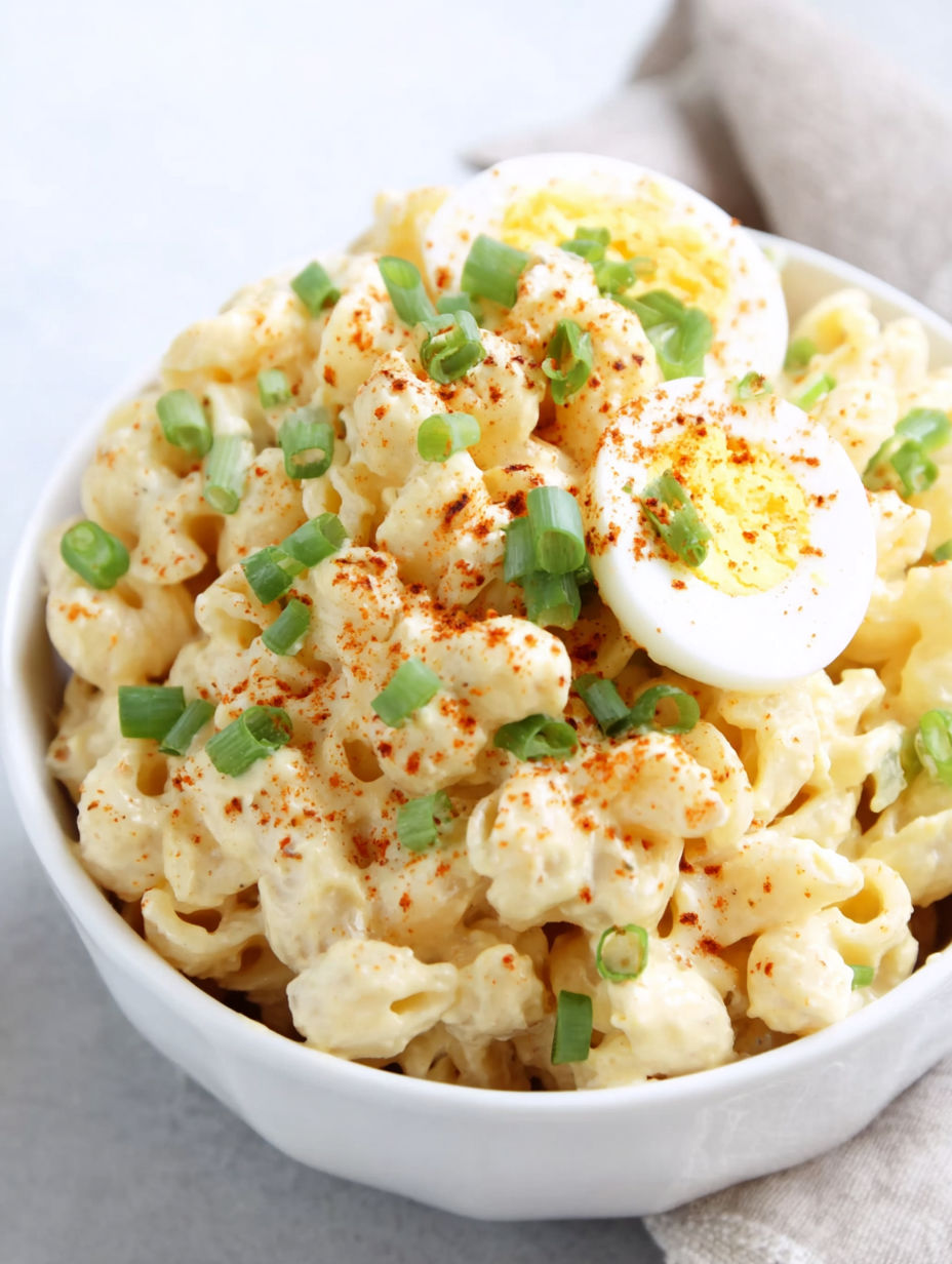 A bowl of macaroni and cheese with a fried egg on top.