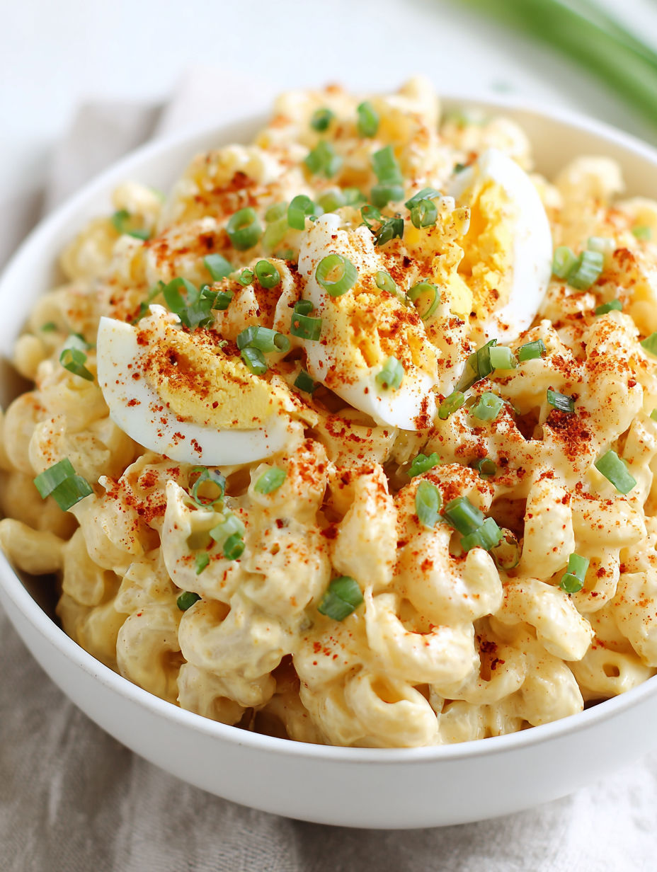 A bowl of macaroni and cheese with eggs and peppers.