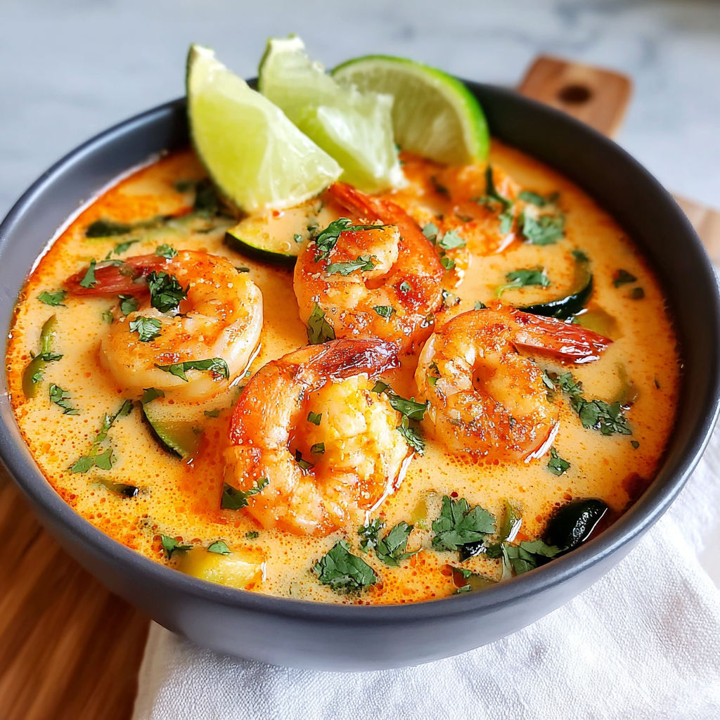 A bowl of shrimp soup with lime wedges on top.