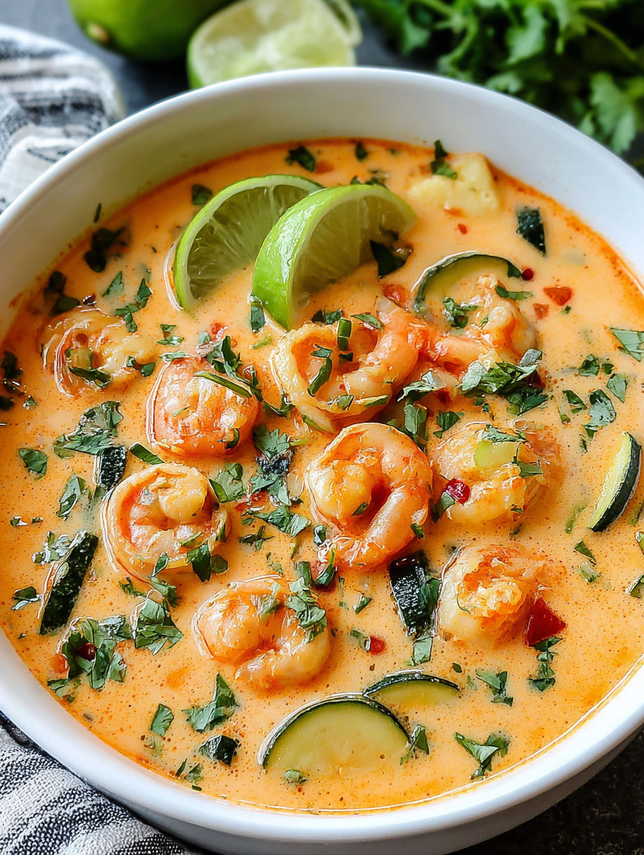 A bowl of soup with shrimp, lime, and cilantro.