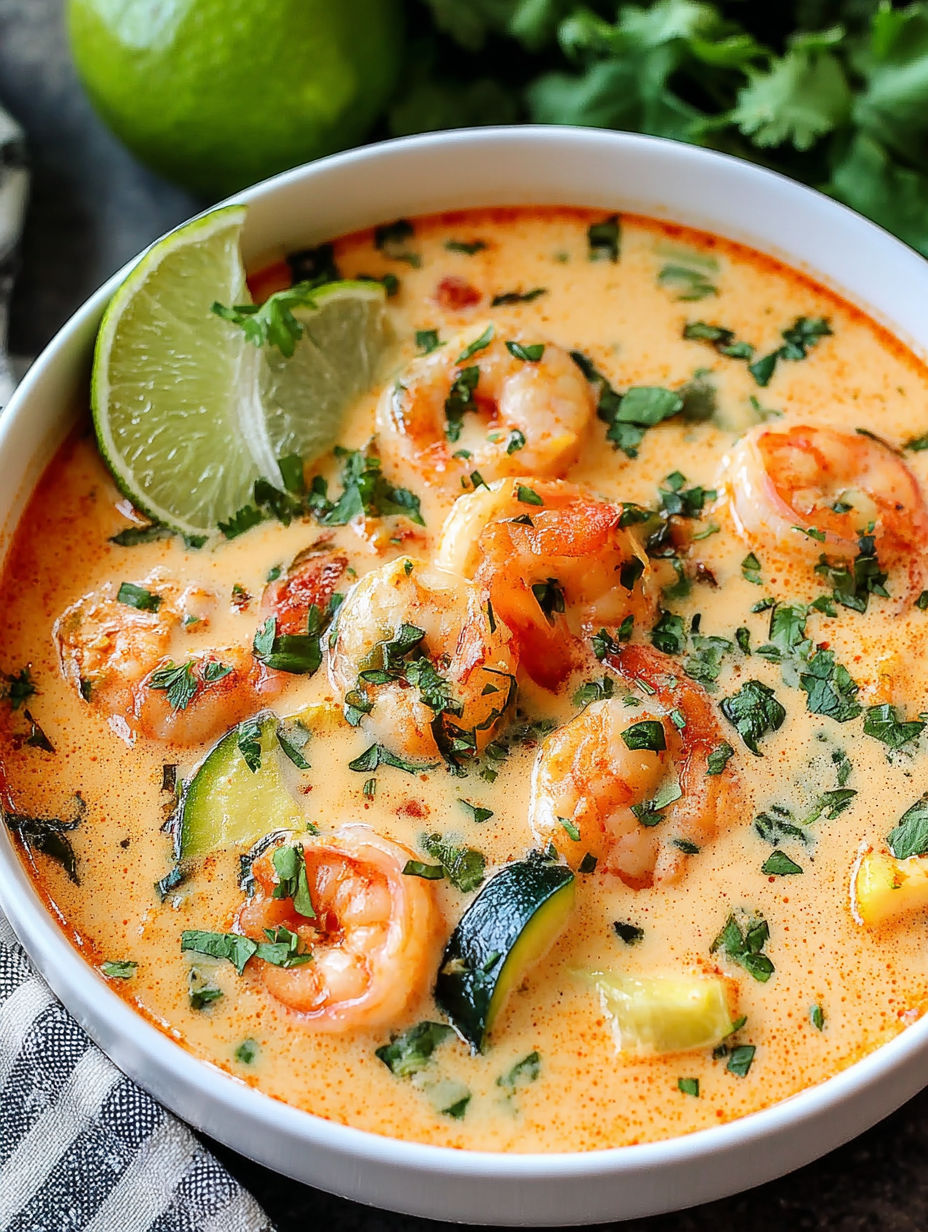 A bowl of soup with shrimp and vegetables.