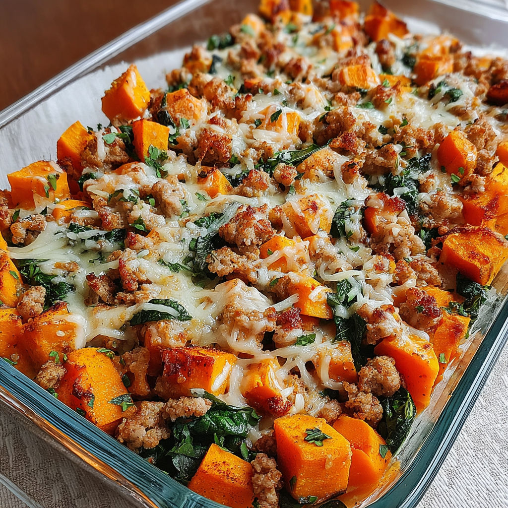 A dish of sweet potato and meat.