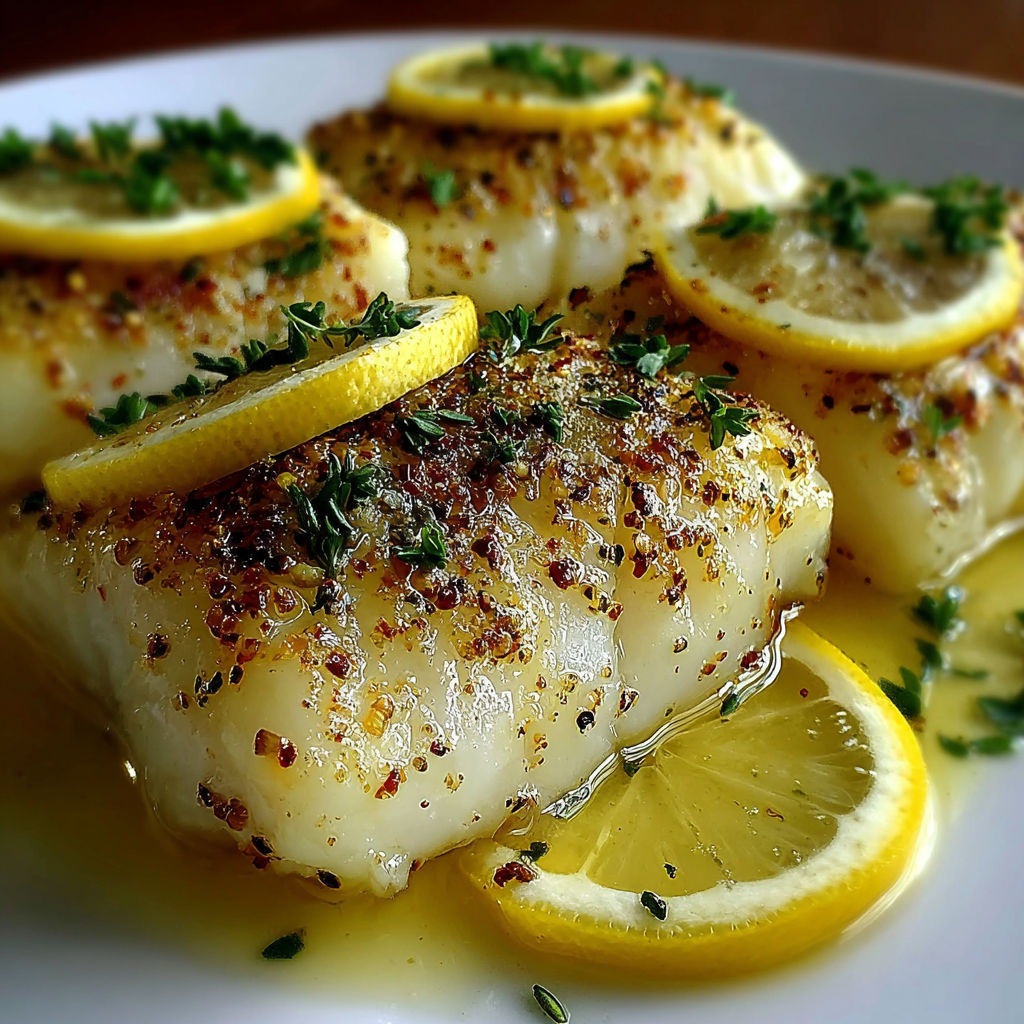 A plate of lemon cod bake with lemon wedges on top.