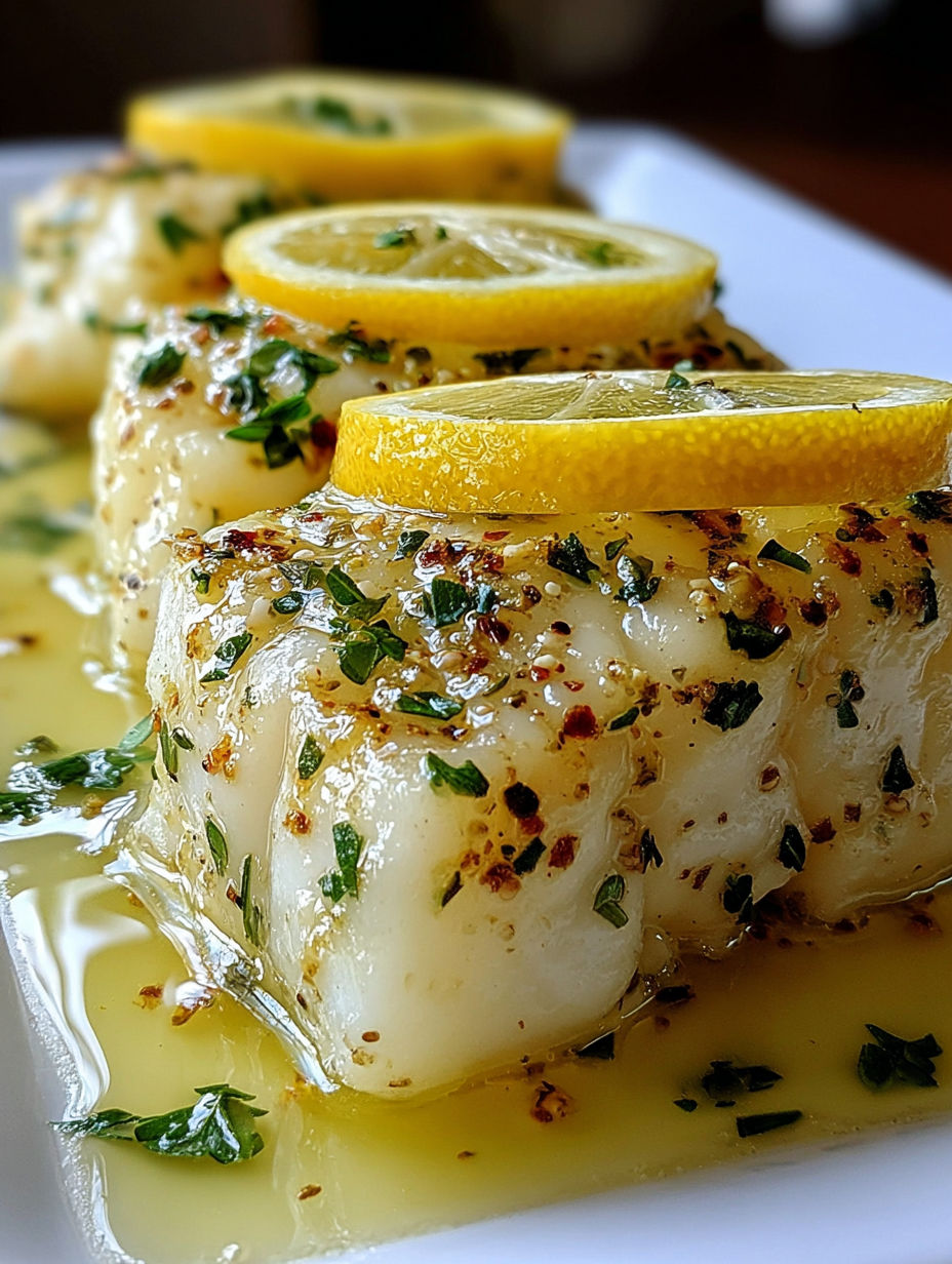 A plate of fish with lemon slices on top.