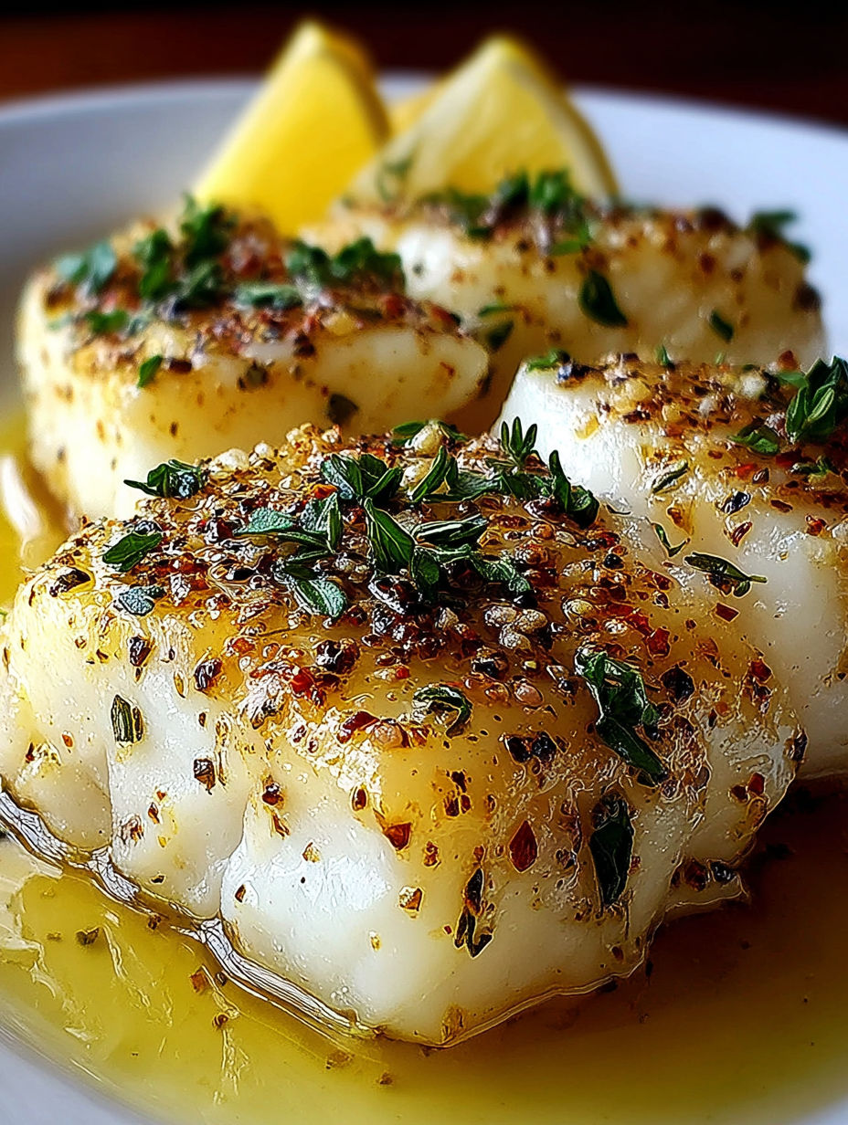 A plate of fish with lemon and herbs on top.