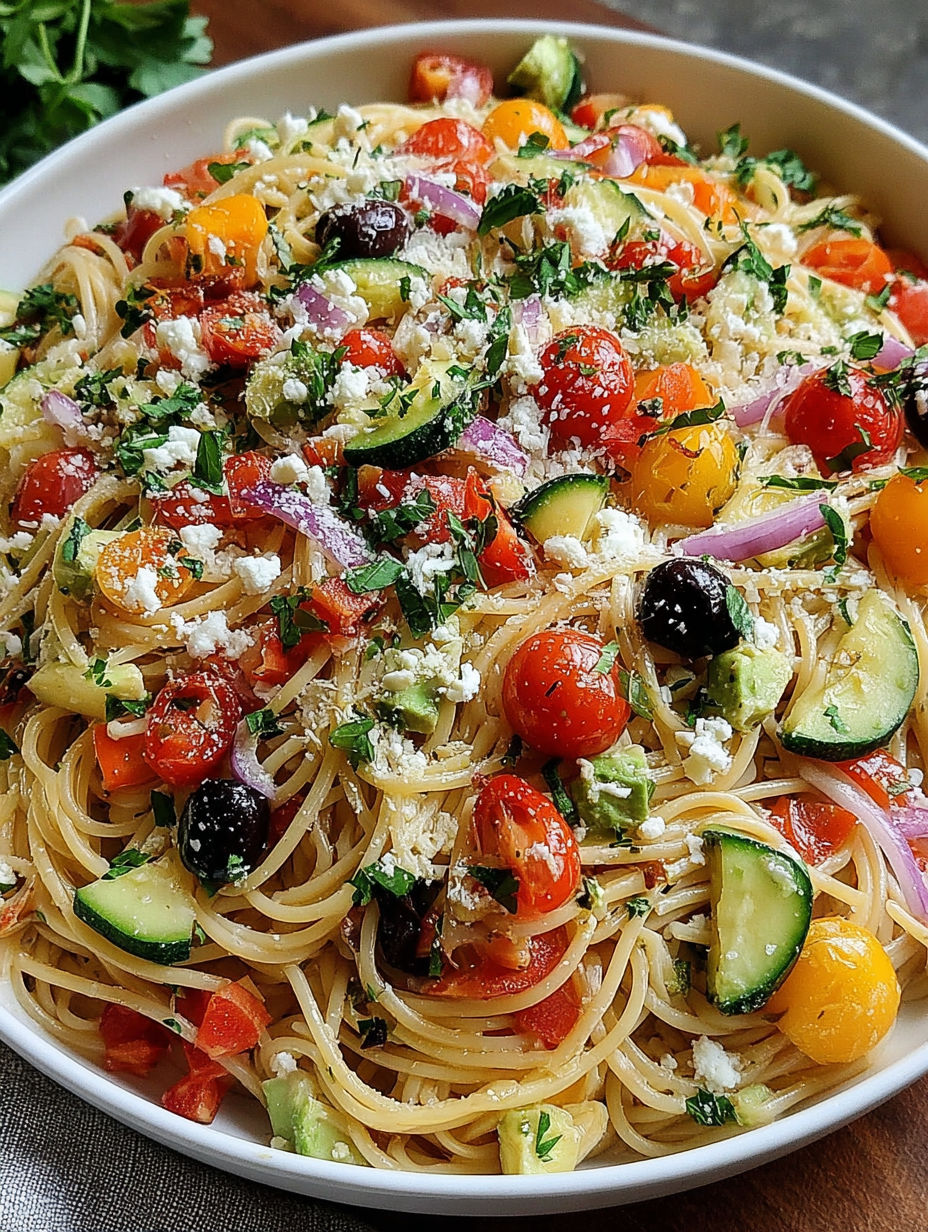 A bowl of pasta with tomatoes, cucumbers, and olives.