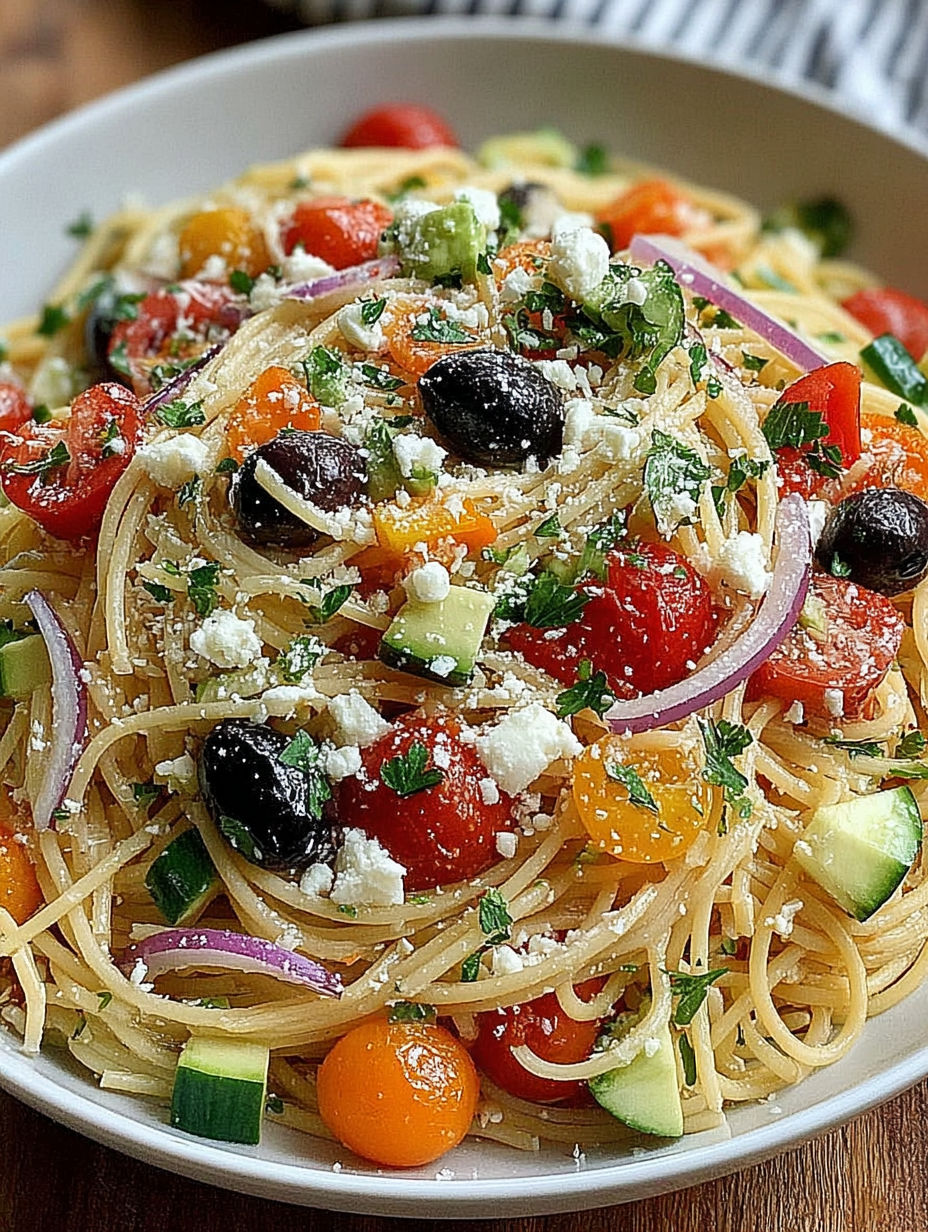 A bowl of pasta with tomatoes, cucumbers, and olives.